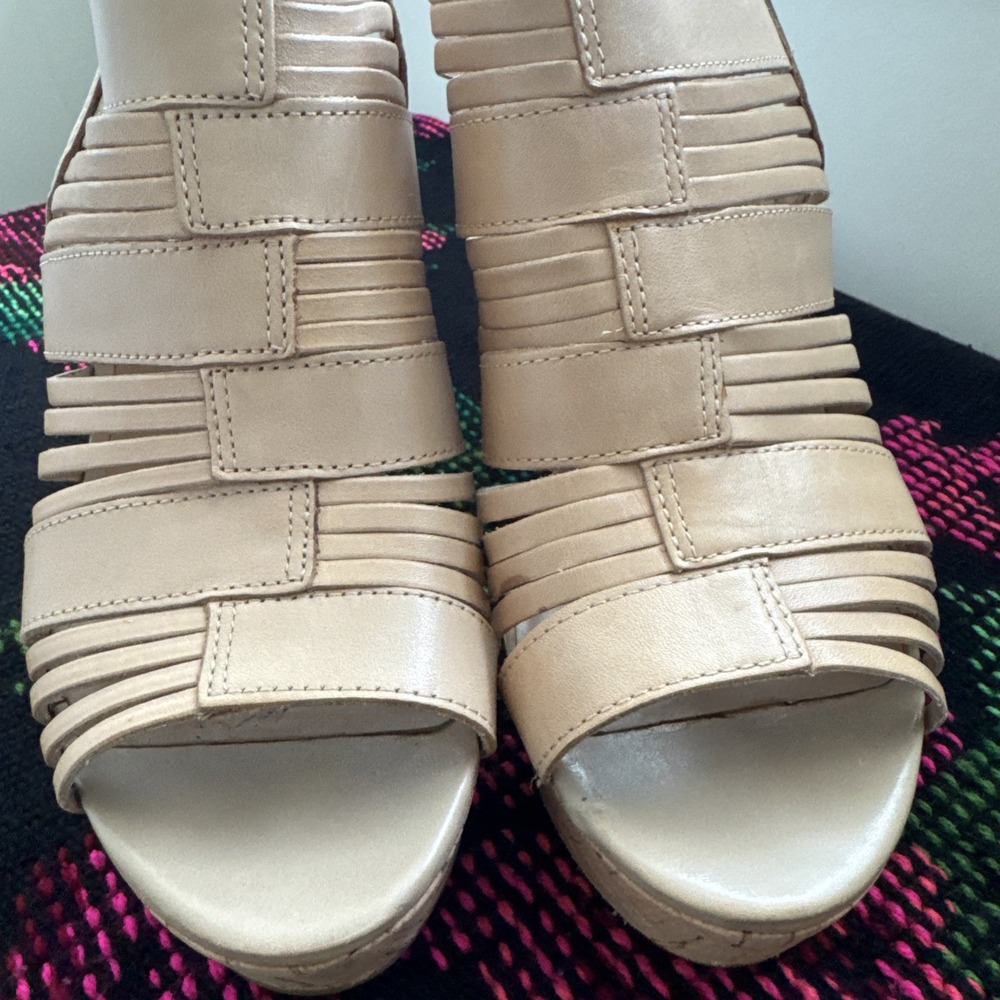 Franco Sarto Sharp Leather Platform Wedge Heels Slingback Sandals Size 8 M Tan - Picture 9 of 11